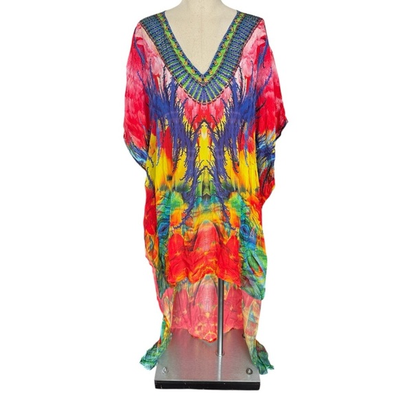 Sakkas Laisson Flowy Hi Low Caftan Rhinestone Boxy V Neck Dress Top Cover / Up - Picture 5 of 13